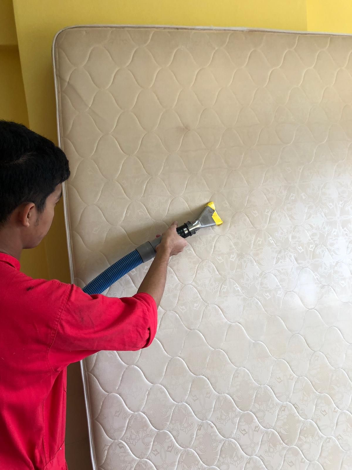 Cleaning a mattress stood upright to reach the full surface