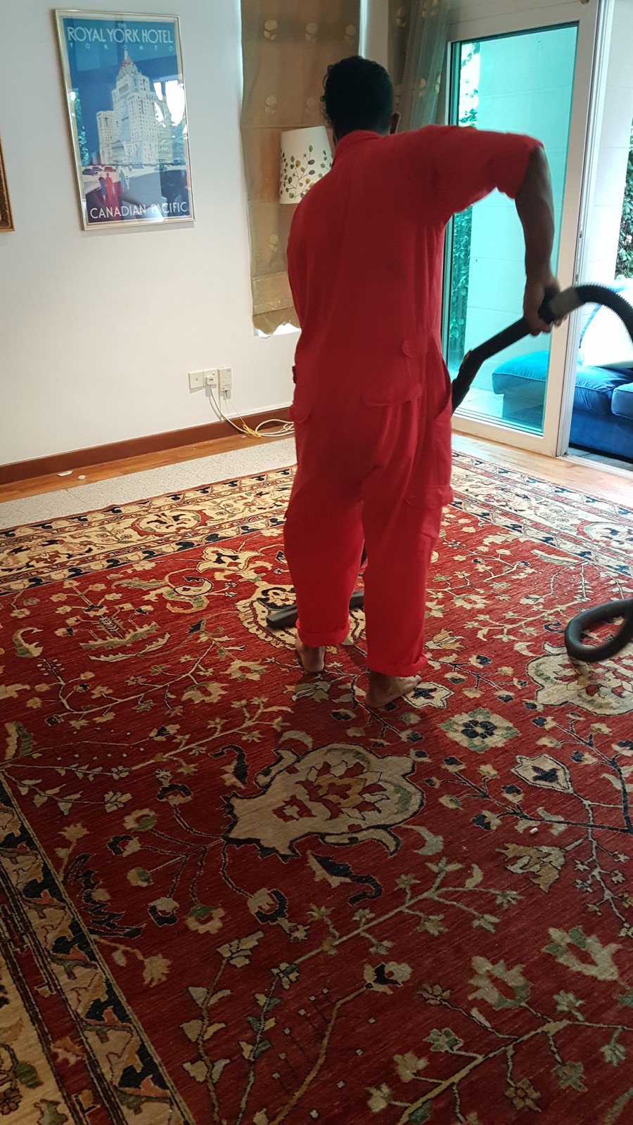 Deep cleaning a hand-knotted oriental rug at a client’s home