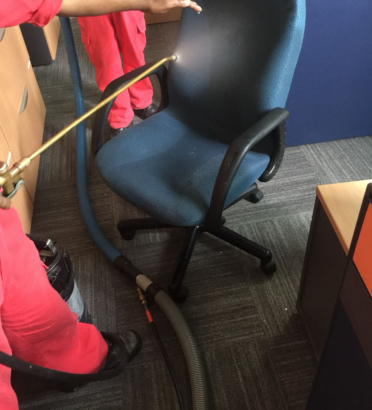 Spray treatment on a fabric office chair