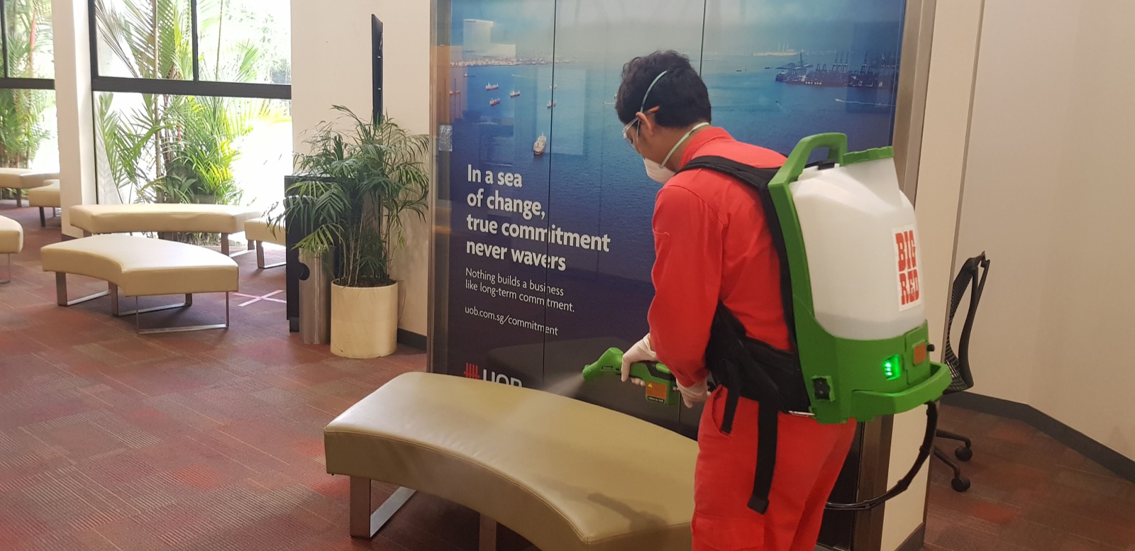 Cleaning fabric seating in a lobby