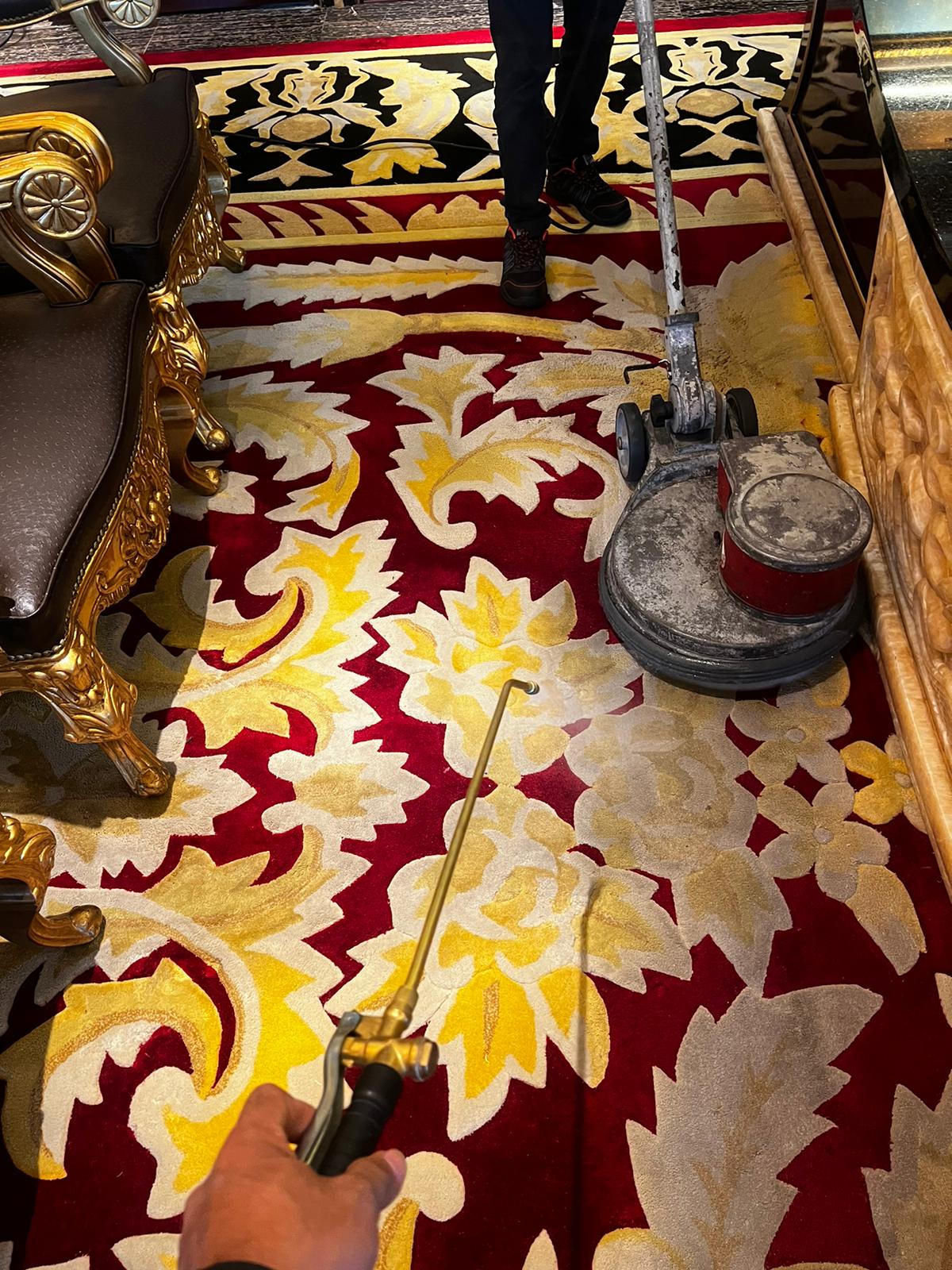 Technician cleaning a patterned area rug with a professional extraction machine